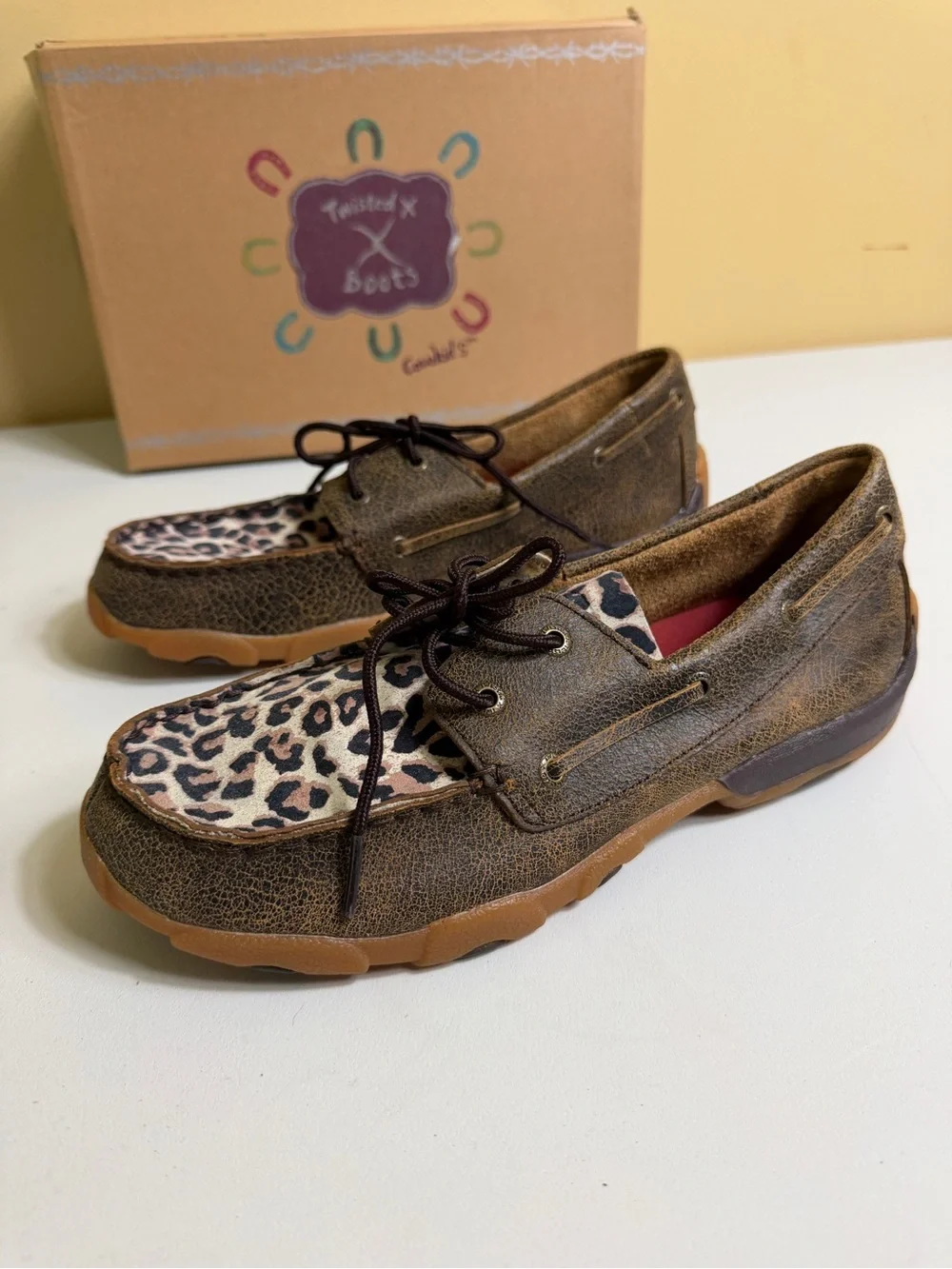 Twisted X Kids' Leopard/Cheetah Boat Shoe Driving Moccasins brown size 6